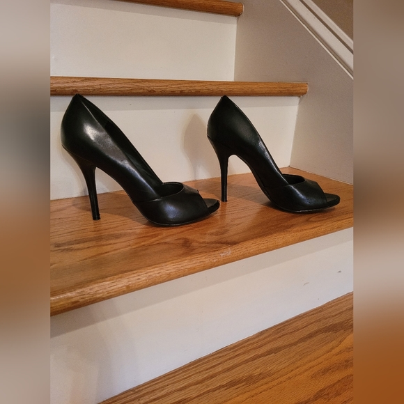 BCBG Black Leather Open Toe Pumps - Picture 3 of 8